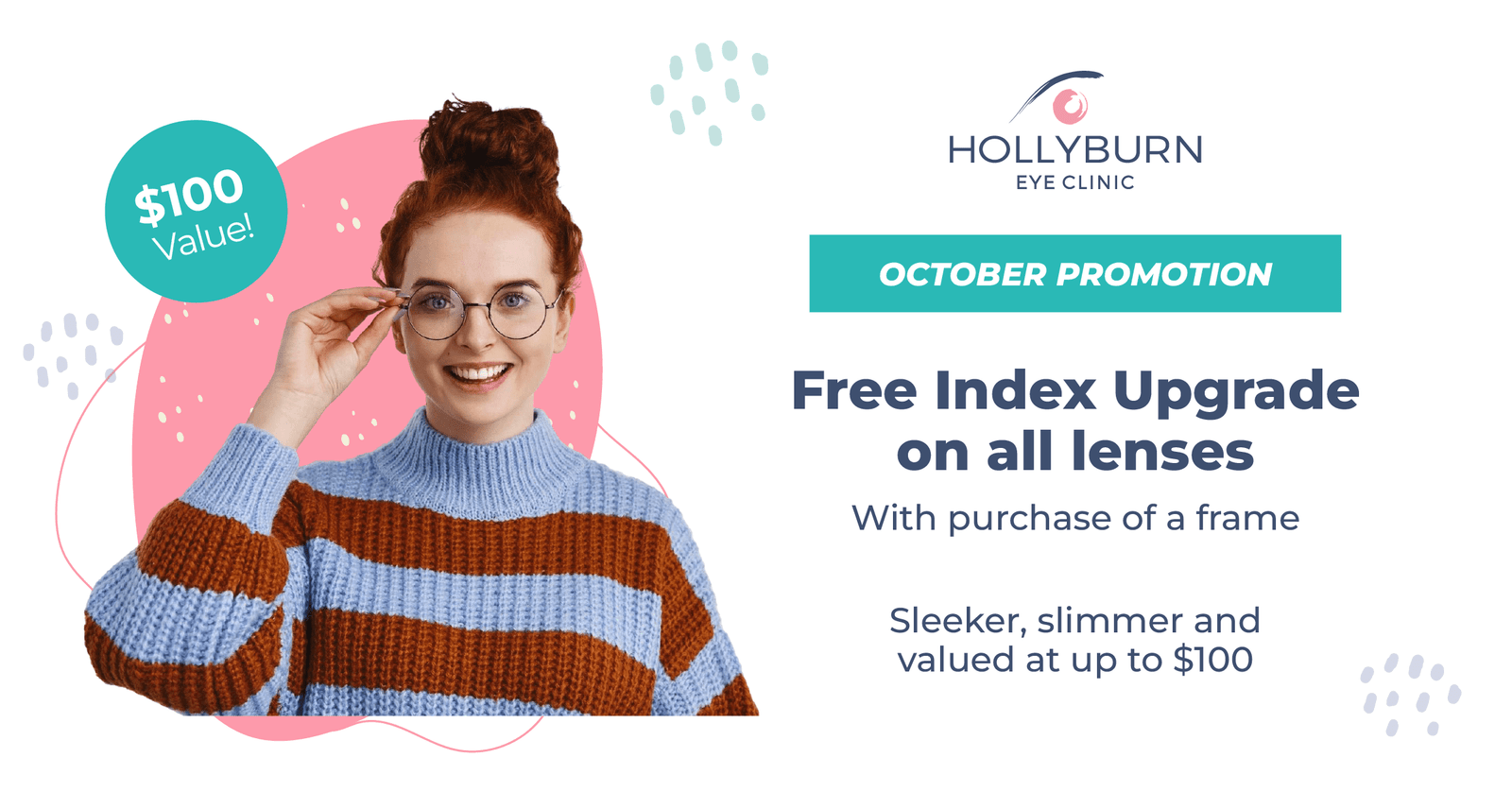 Girl in a sweater wearing glasses. Text about sale in October