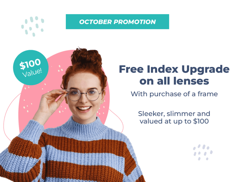Girl in a sweater wearing glasses. Text about sale in October