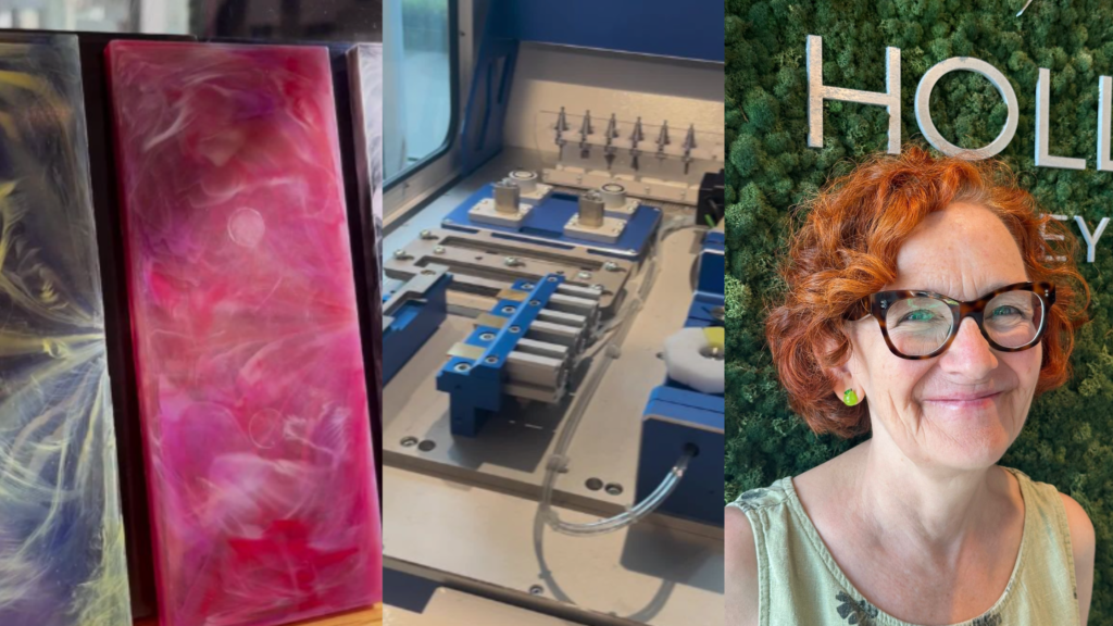 Custom eyewear being created with a Ronchini CNC machine at Hollyburn Eye Clinic in North Vancouver